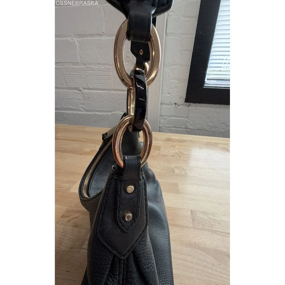 Michael Kors Black Pebbled Leather Hobo Shoulder Bag Gold Tone Ring Hardware
